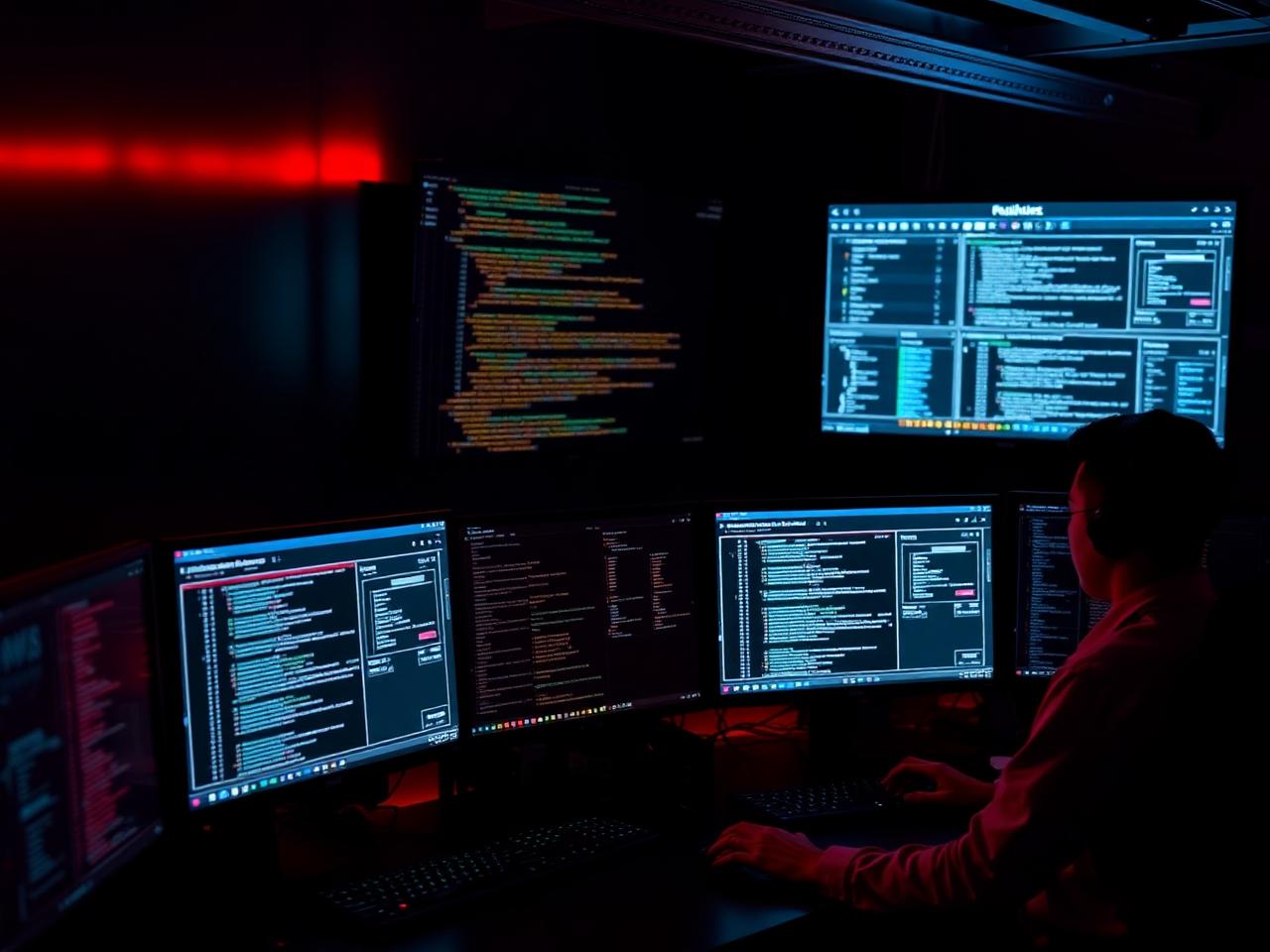 Cybersecurity team monitoring code on multiple displays