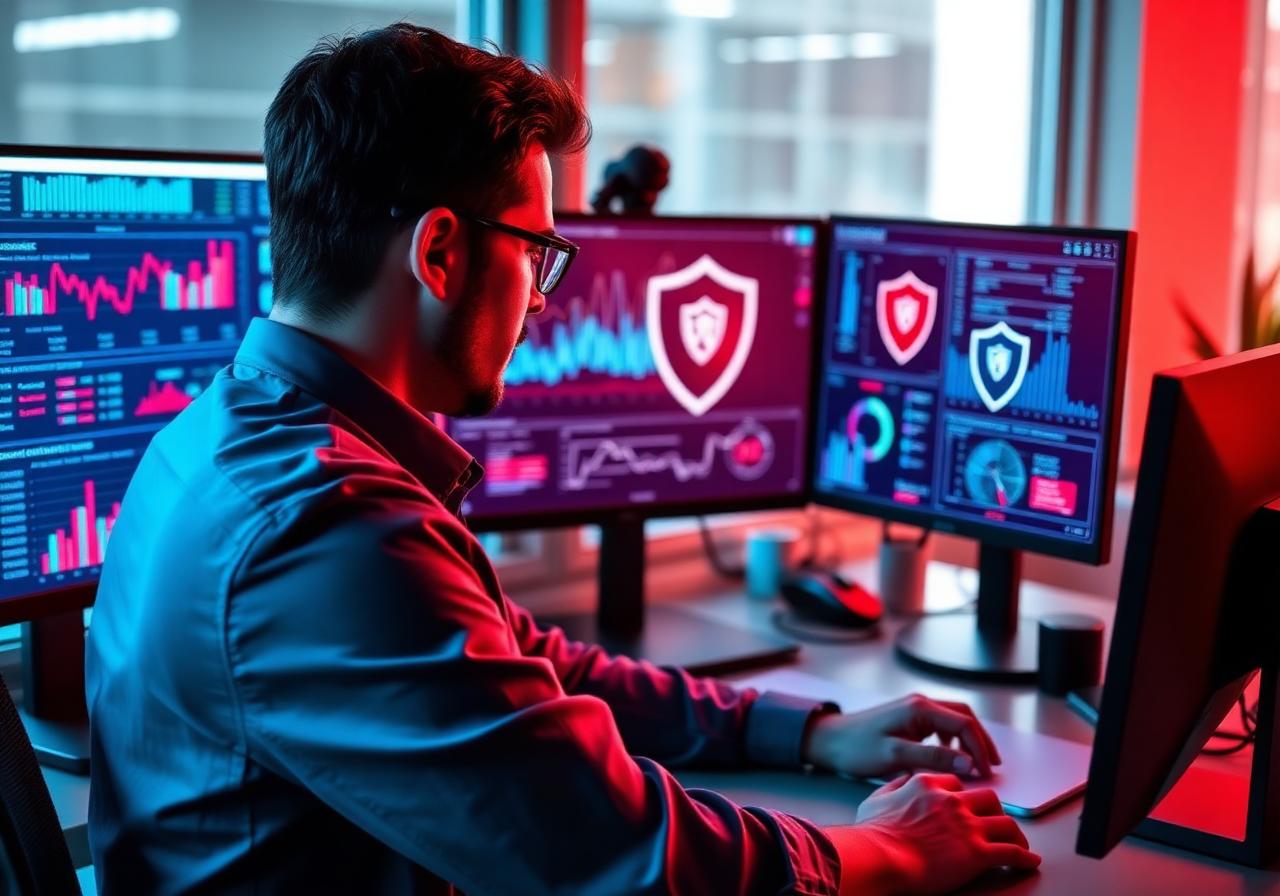 Cybersecurity analyst reviewing risk dashboards on multiple monitors