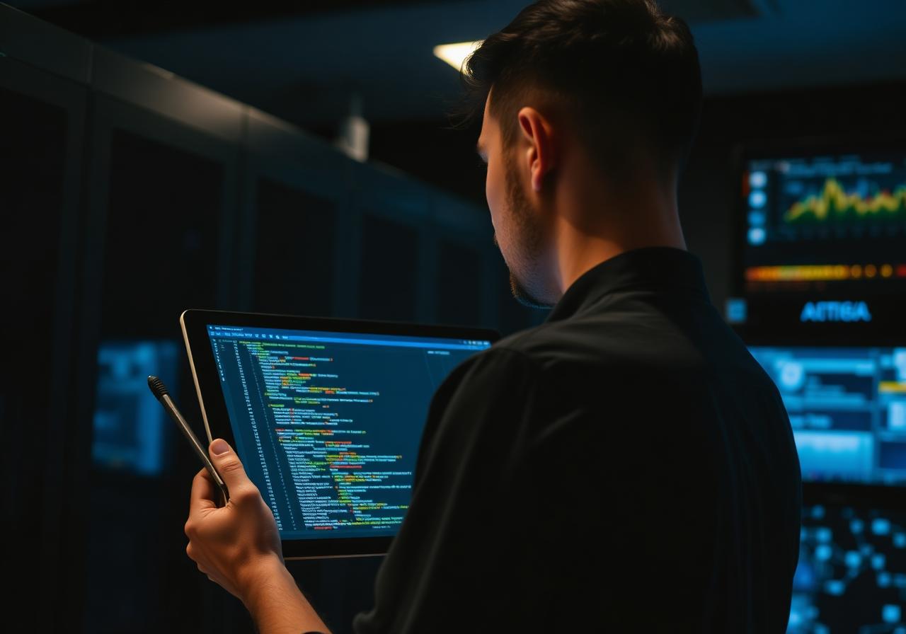Developer holding tablet showing code in a server room